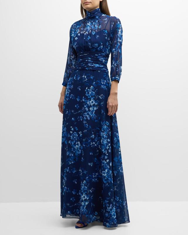 Floral-Print Turtleneck Chiffon Gown Product Image