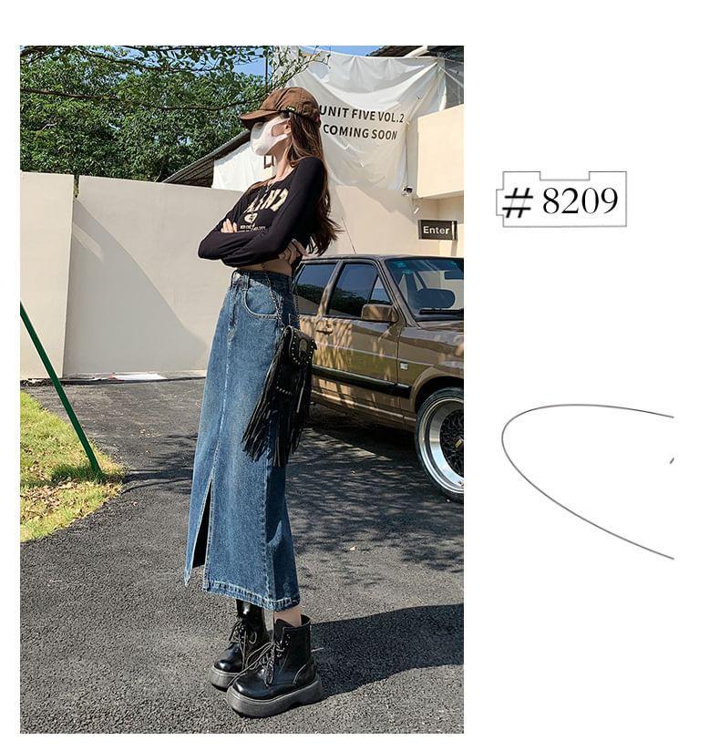 High Rise Slit Washed Denim Midi Pencil Skirt Product Image