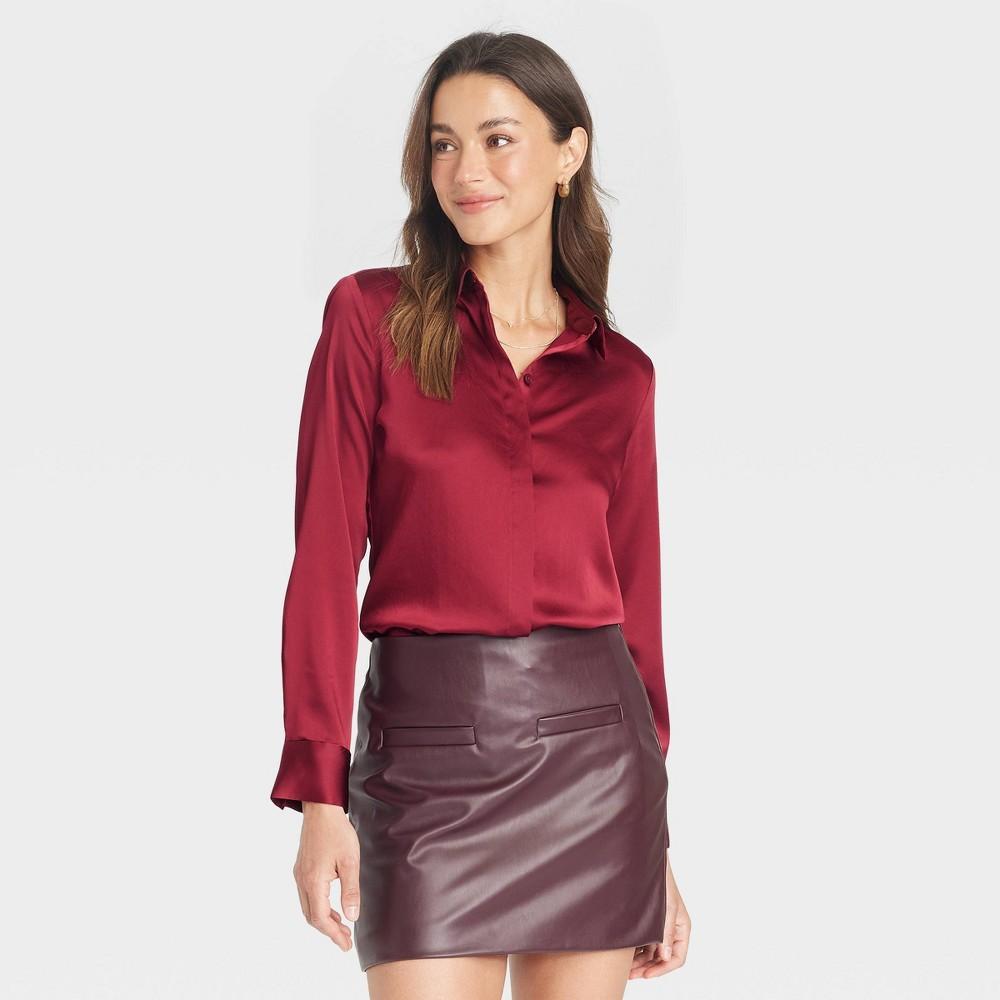 Womens Long Sleeve Satin Button-Down Shirt - A New Day Burgundy XL Product Image