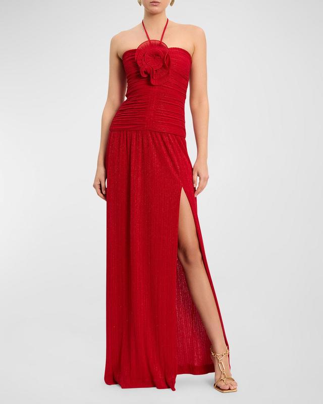 Samantha Side-Slit Shimmer Halter Gown Product Image