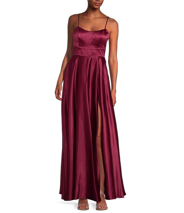 Next Up Adjustable Spaghetti Strap Low Back Side Slit Long Dress Product Image