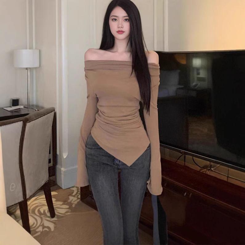 Long-Sleeve Off-Shoulder Asymmetrical T-Shirt Product Image