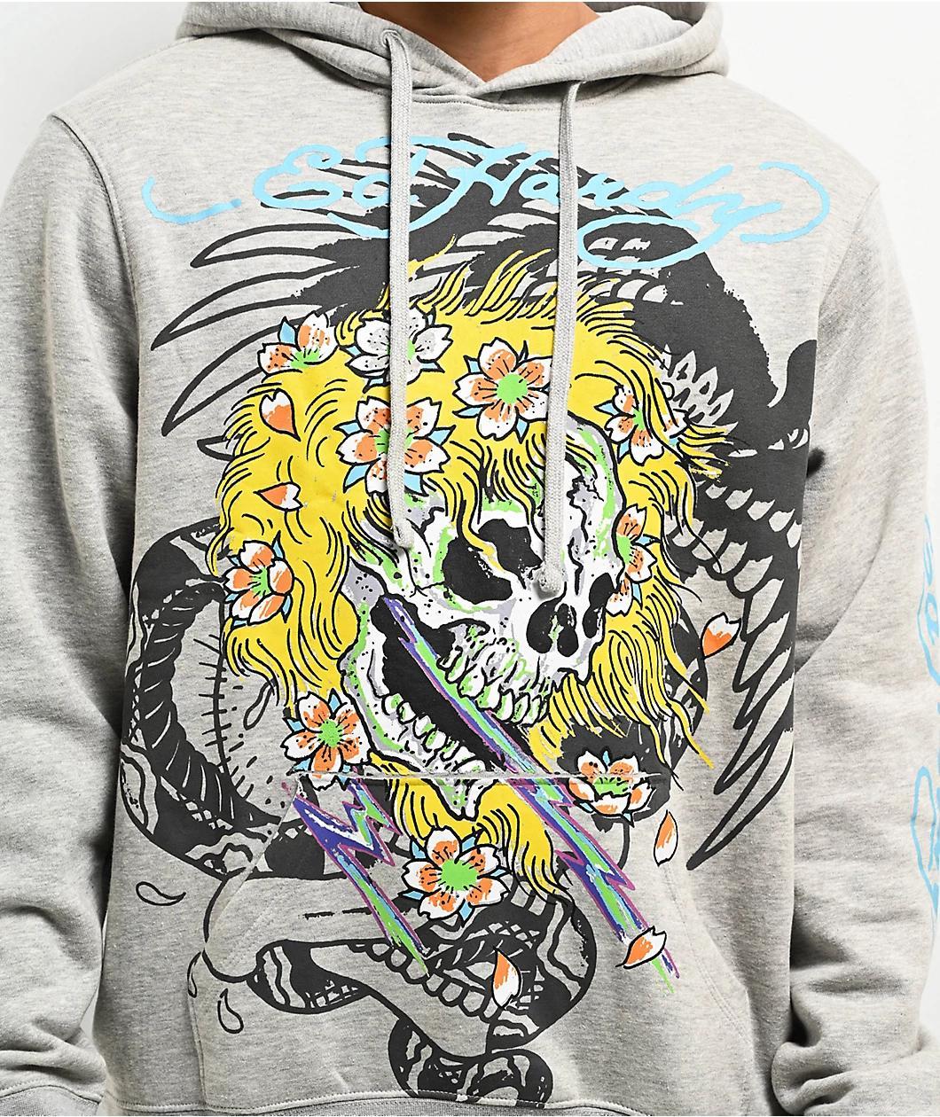 Ed Hardy Yellow Hair Skull Grey Hoodie Product Image