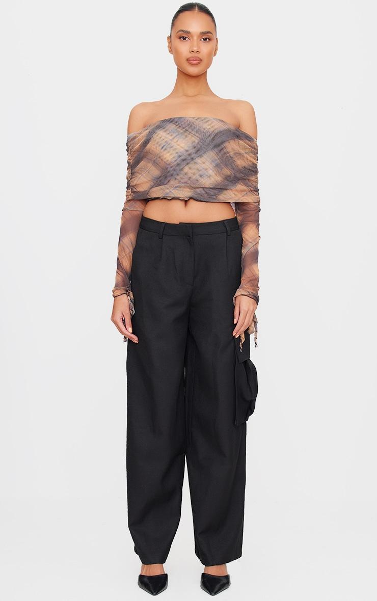 Brown Check Mesh Ultra Long Drape Sleeve Crop Top Product Image