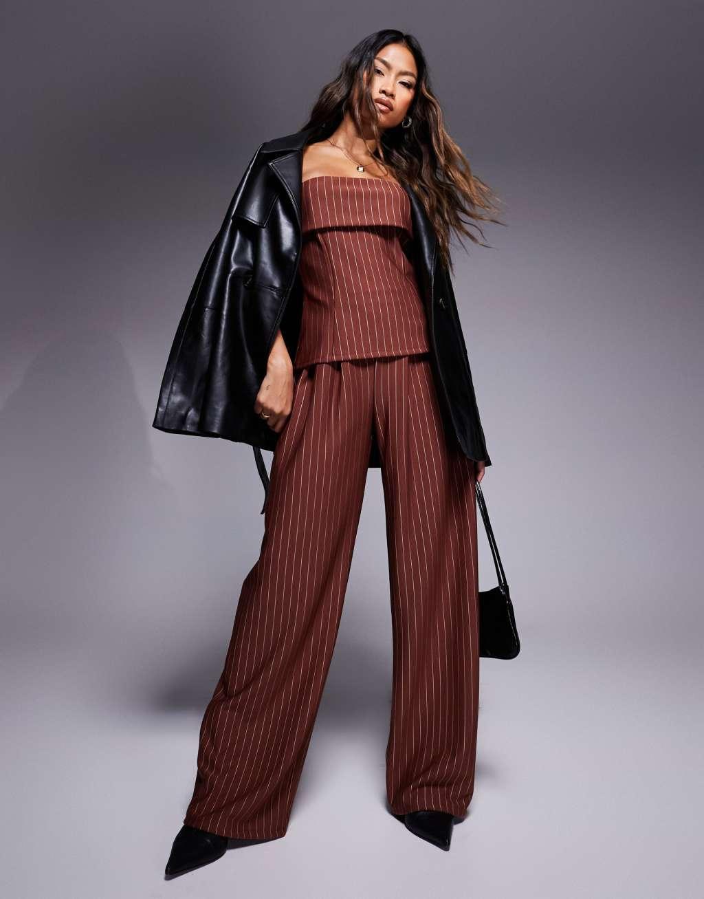 ASOS DESIGN wide leg pants in chocolate pin stripe - part of a set product image