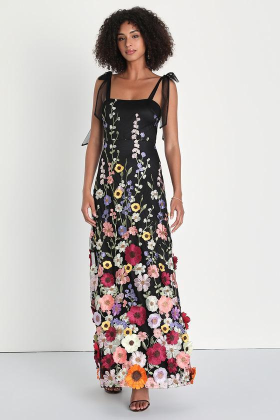 Thriving Poise Black 3D Floral Embroidered Tie-Strap Maxi Dress Product Image