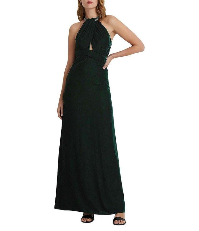 Lauren Ralph Lauren Velvet Beaded Halter Gown Product Image