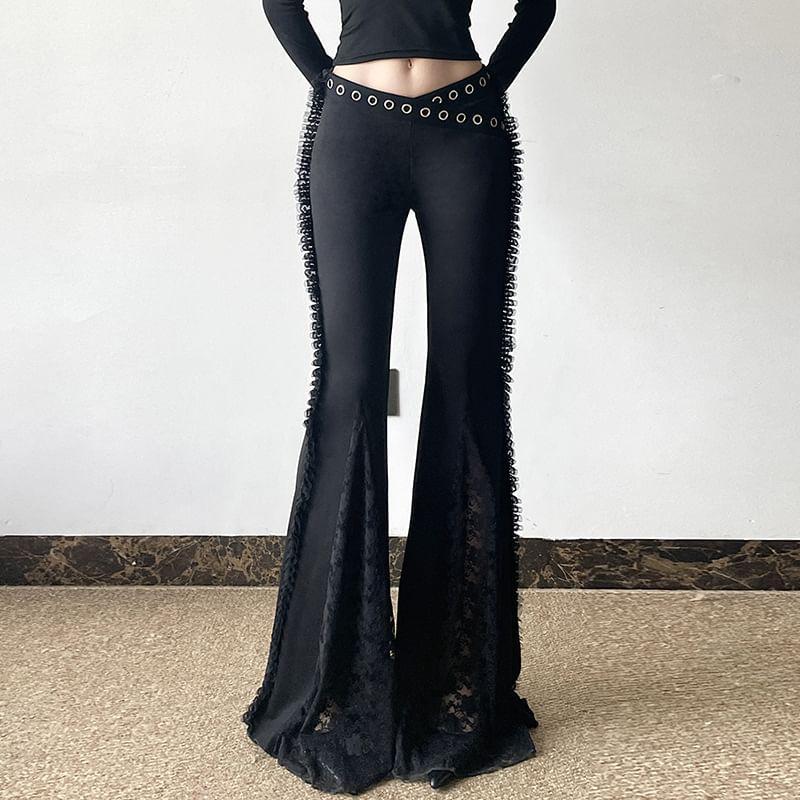 Mid Waist Plain Lace Panel Flare Pants Product Image