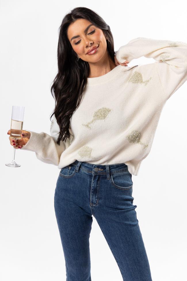 Pop The Bubbly Glitter Wine Glass Embroidered Cream Sweater SALE Product Image