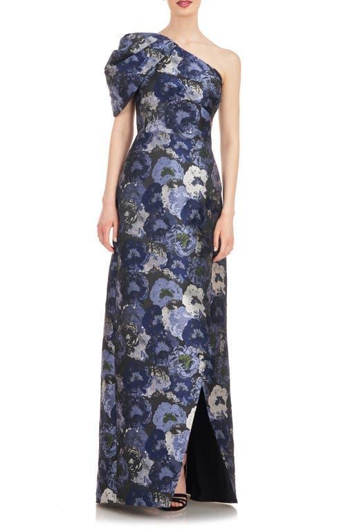 Kay Unger Floral Jacquard One Shoulder Drape Puff Sleeve Gown Product Image