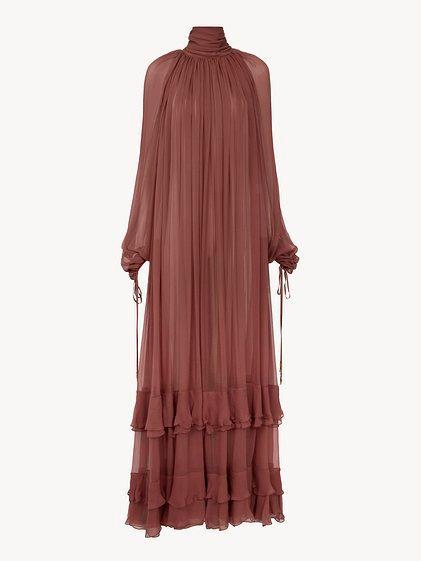 Gathered long dress in silk mousseline Product Image