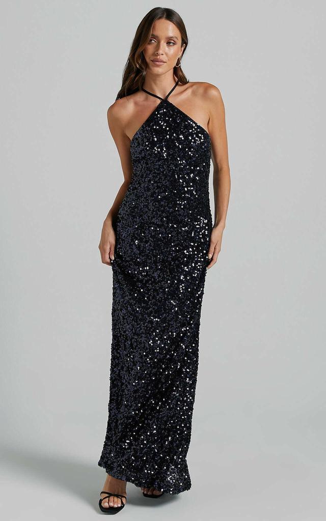 Aurora Maxi Dress - Halter Neck Bodycon Sequin in Navy Product Image