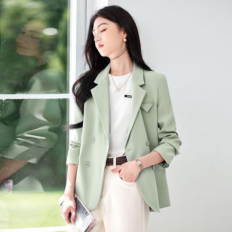 Notch Lapel Plain Double-Breasted Blazer Product Image