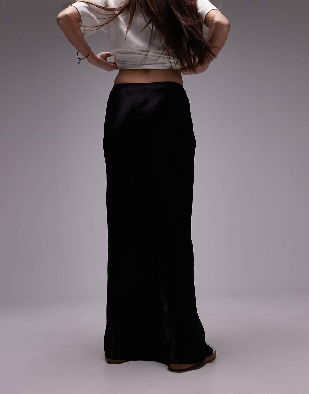 Topshop satin bias maxi skirt in black Product Image