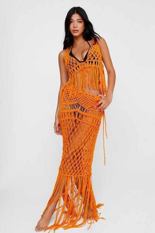 Macrame Gold Trim Tassel Bralet And Maxi Skirt Set Product Image