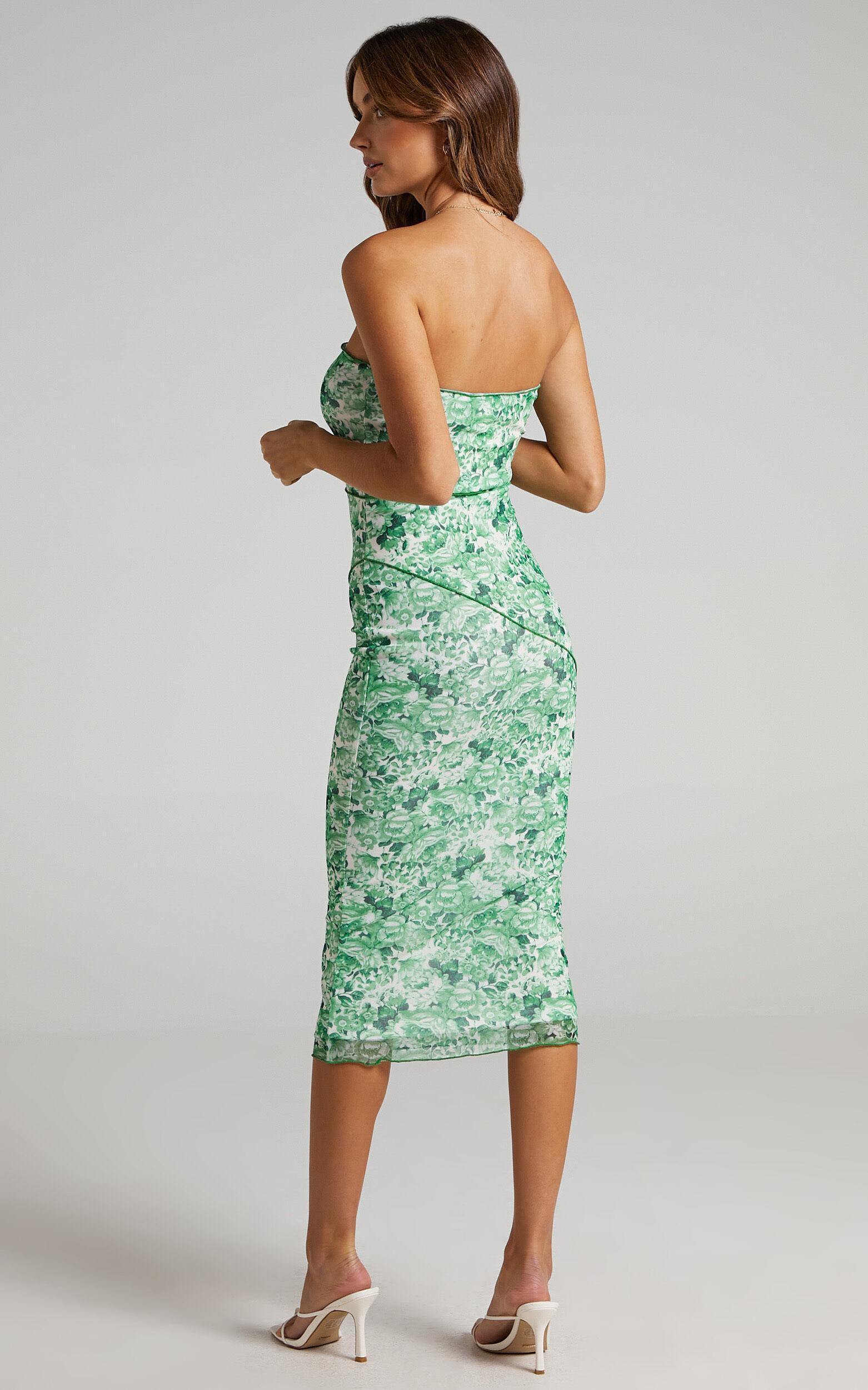 Brunetta Midi Dress - Strapless Mesh Dress in Green Furnishing Florals Product Image