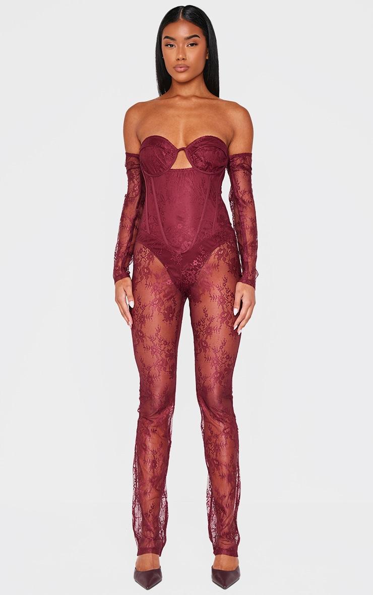 Burgundy Lace Corset Detail Bardot Jumpsuit product image