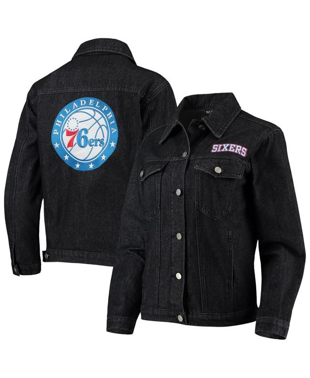 Womens The Wild Collective Black Philadelphia 76ers Patch Denim Button-Up Jacket Product Image