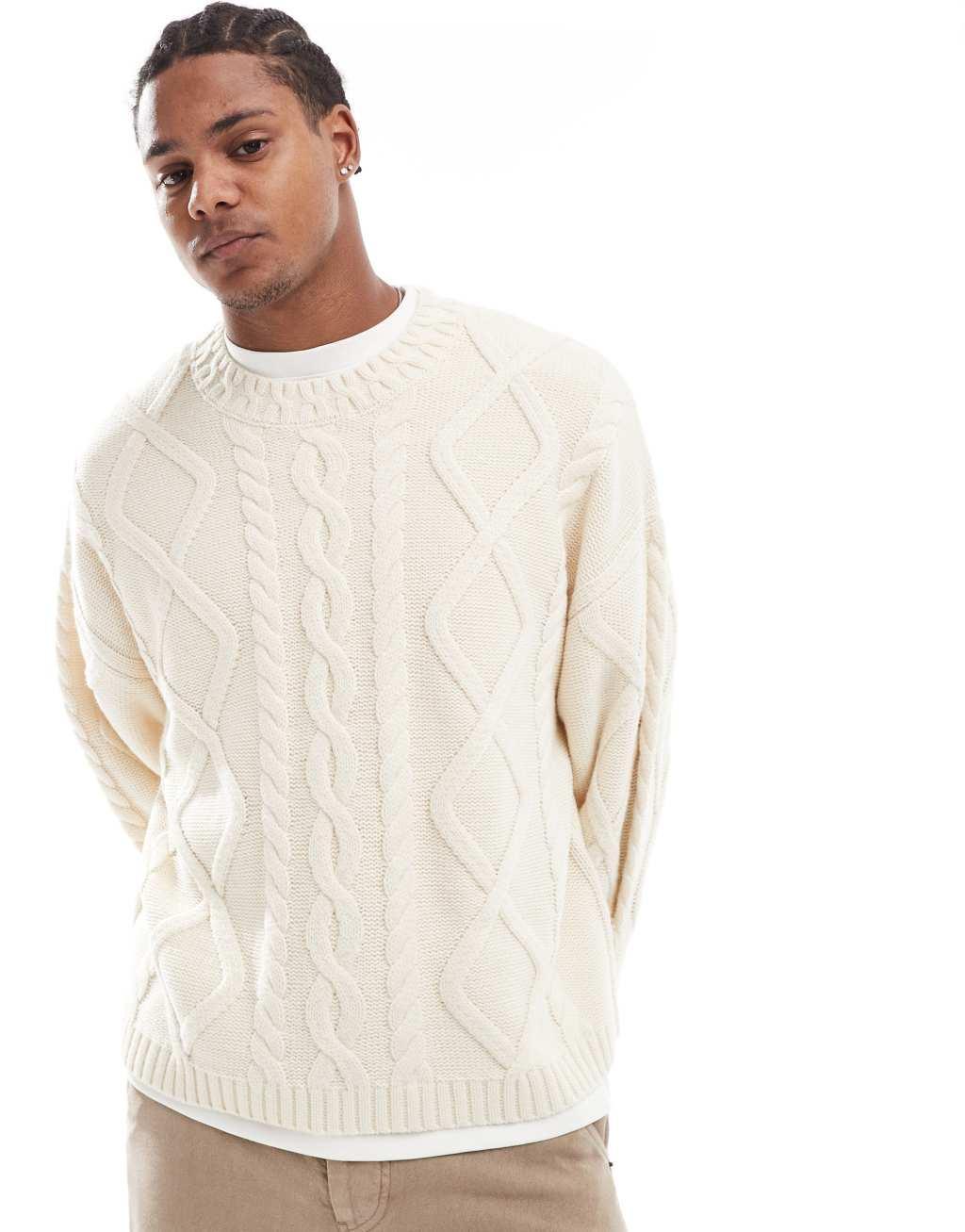 ASOS DESIGN oversized heavyweight wool mix cable sweater with crew neck in oatmeal Product Image