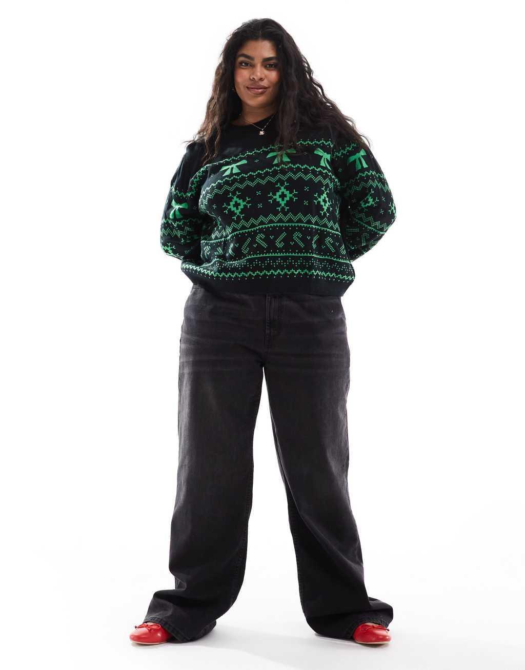 ASOS DESIGN Curve crew neck christmas sweater with fairisle pattern in black and green Product Image