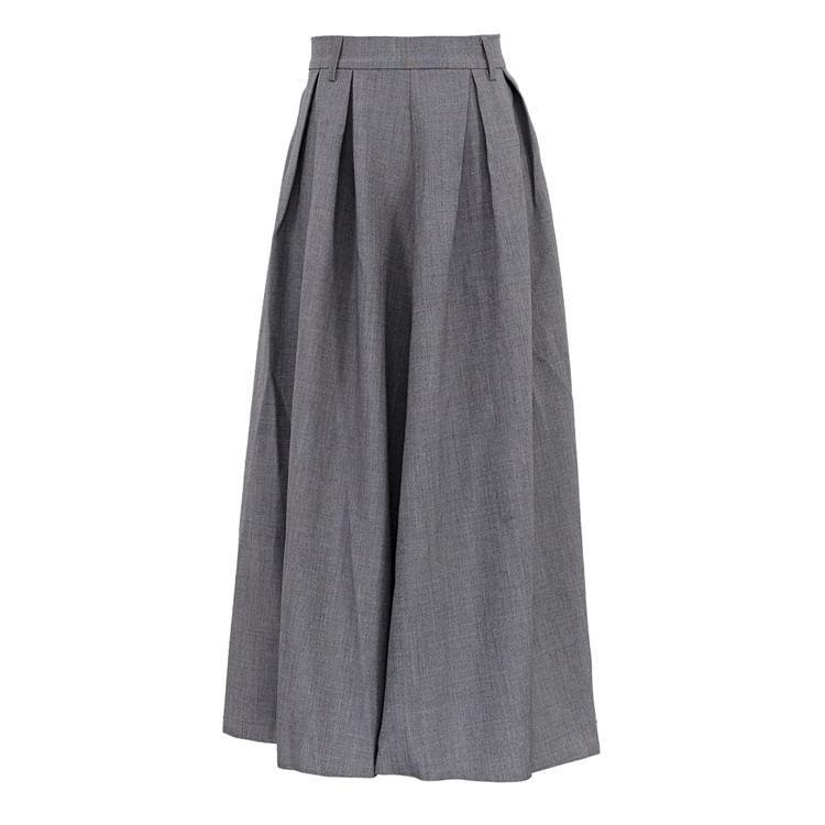 High Rise Plain Midi A-Line Pleated Suit Skirt Product Image