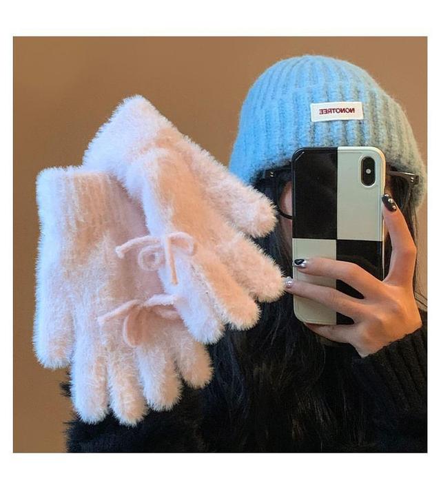 Bow Fluffy Knit Gloves Product Image