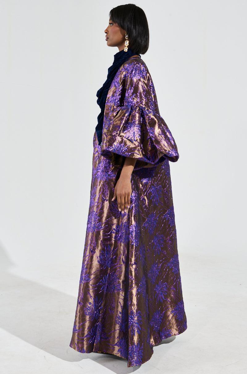 MALDIVES BROCADE PUFF SLEEVE DUSTER IN PURPLE Product Image