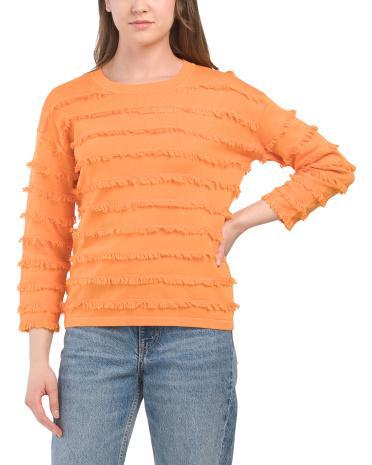 Pima Cotton Striped Fringe Crew Neck Sweater for Women Product Image