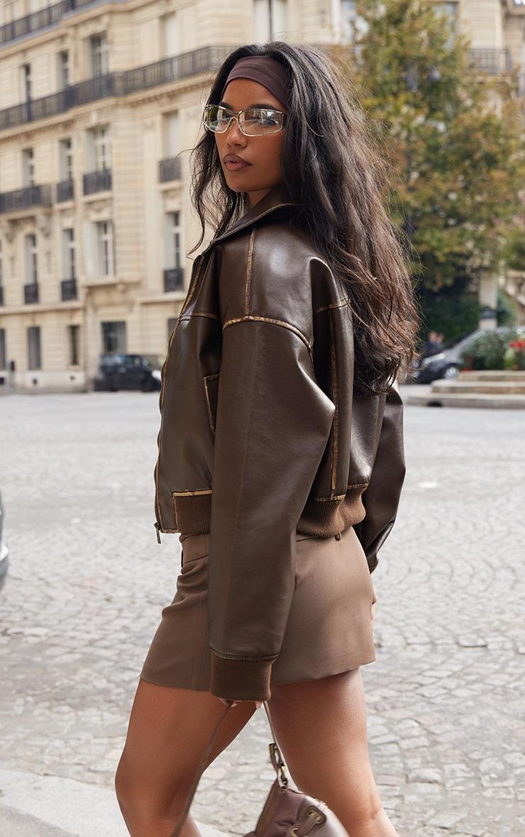 Brown Bleach Detail Faux Leather Cropped Bomber Jacket Product Image