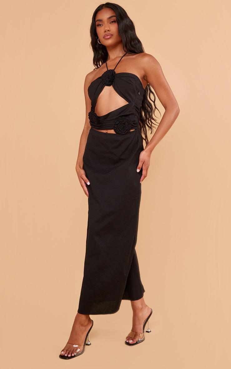 Black Linen Look Rose Detail Tie Neck Cut Out Maxi Dress Product Image