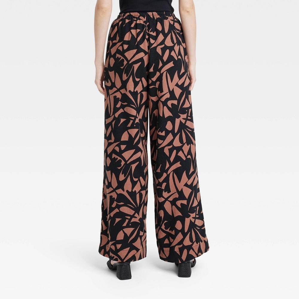 Womens High-Rise Wide Leg Linen Pull-On Pants - A New Day Black/Brown Geometric L Product Image