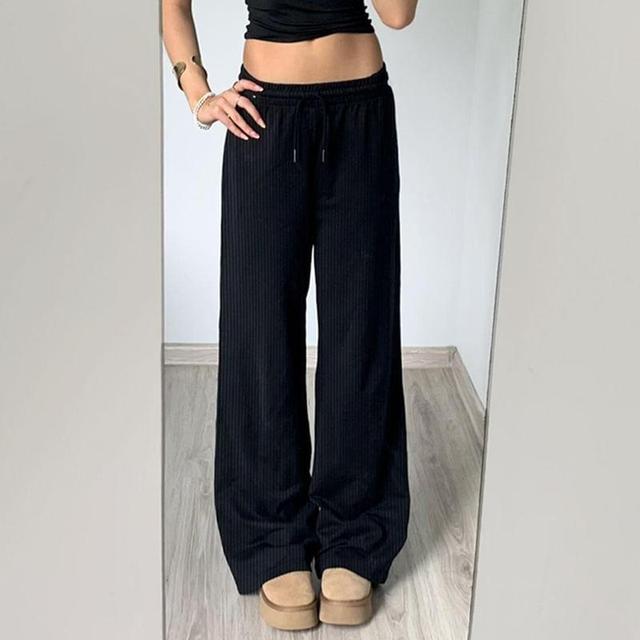 Low Rise Drawstring Plain Knit Straight-Fit Wide-Leg Pants Product Image