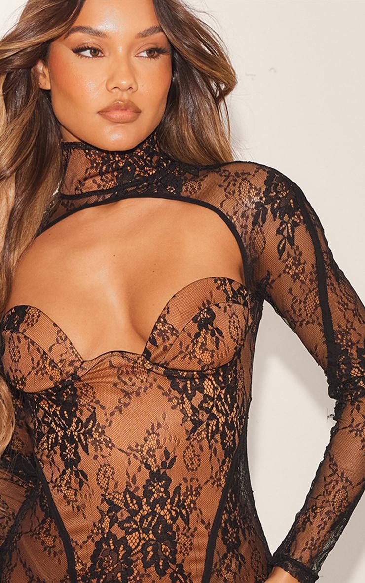 Black Sheer Lace Contrast Detail Bodycon Dress Product Image