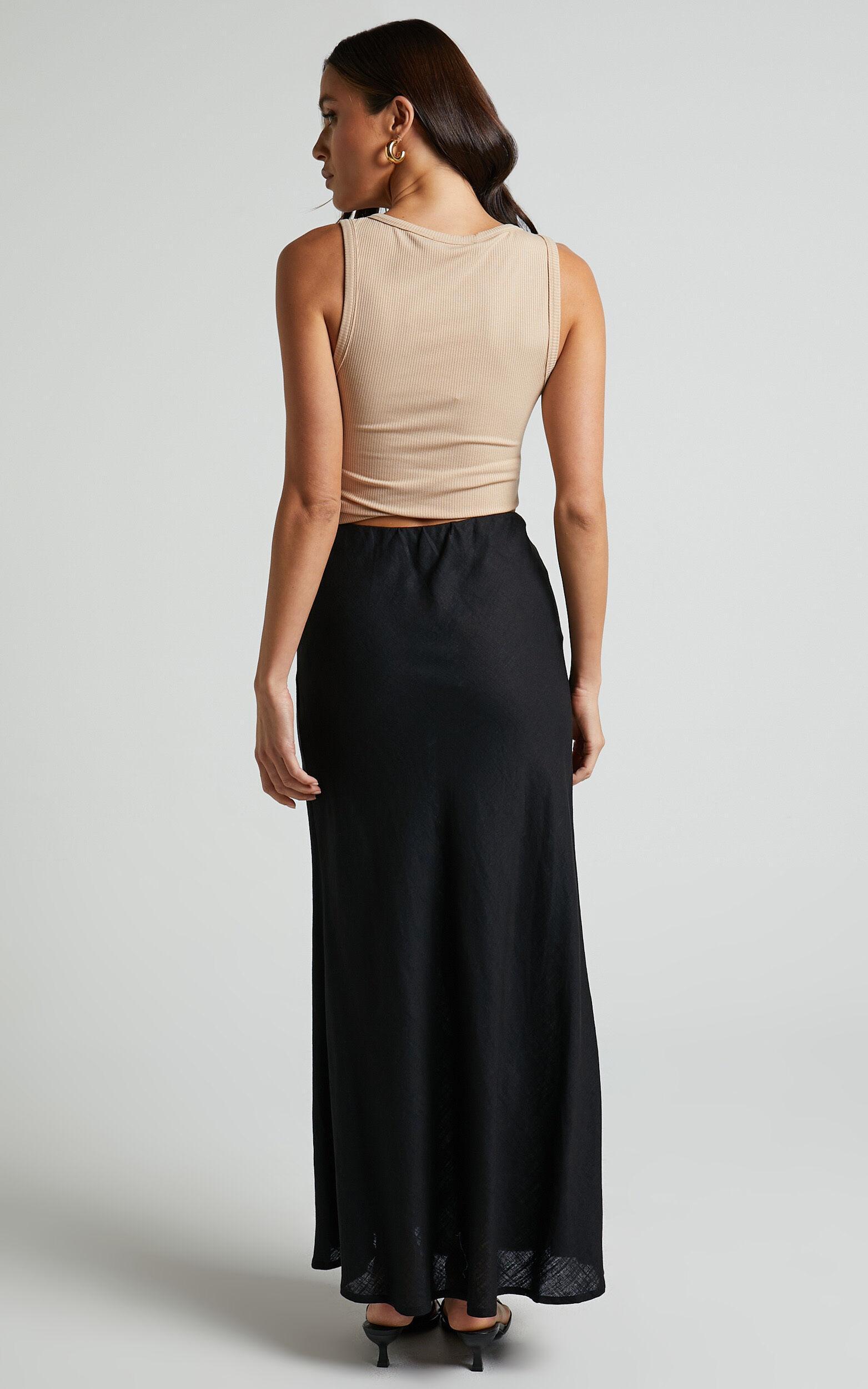 Collins Midi Skirt - Linen Look High Waisted Linen Look Bias Slip Skirt in Black Product Image