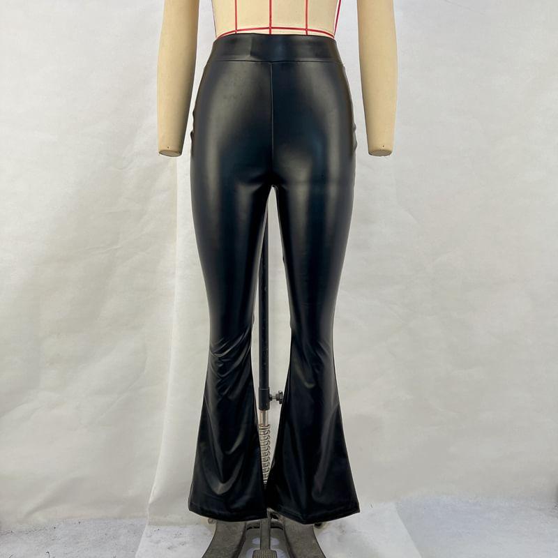 High Rise Plain Faux Leather Bootcut Pants Product Image