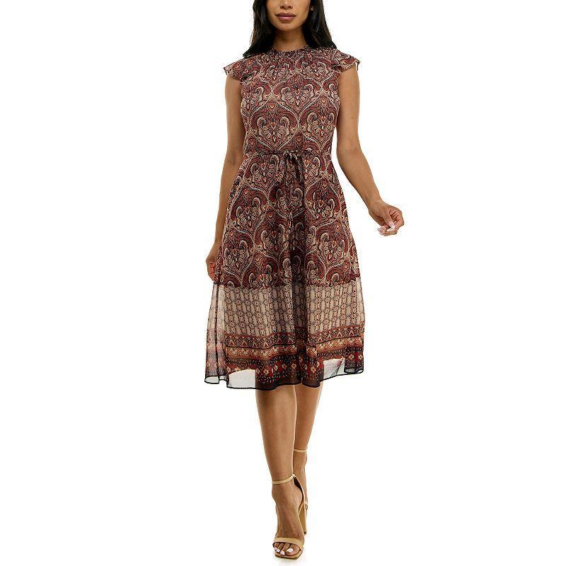 Womens Nina Leonard Smocked Flutter Sleeve Print Dress Rust Blue Team Product Image