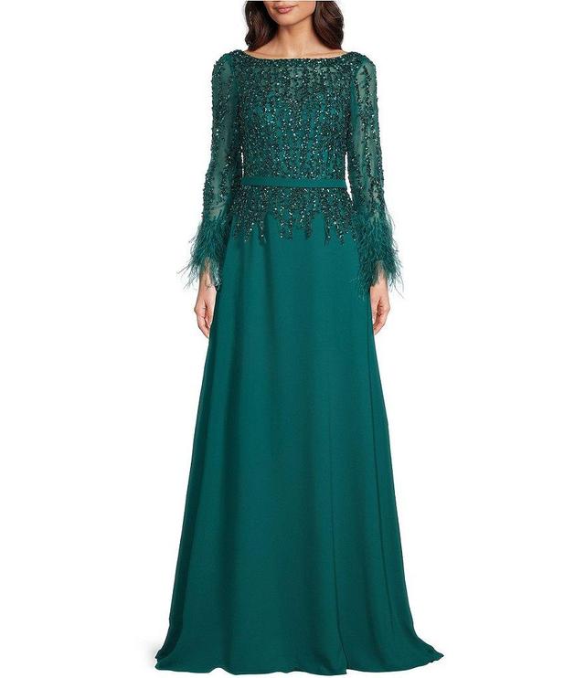 Terani Couture Cascade Beaded Boat Neck Feather Cuff Sleeve Belted A-Line Gown Product Image