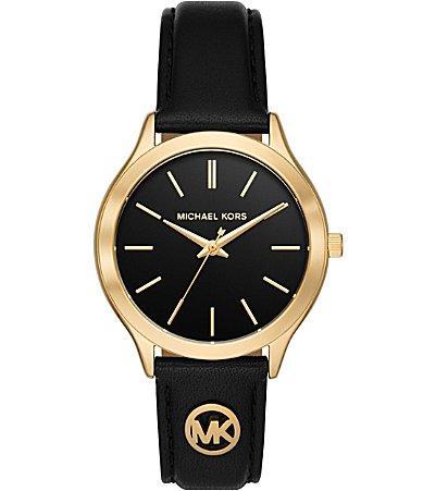 Michael Kors Womens Slim Runway Three-Hand Black Leather Watch Product Image