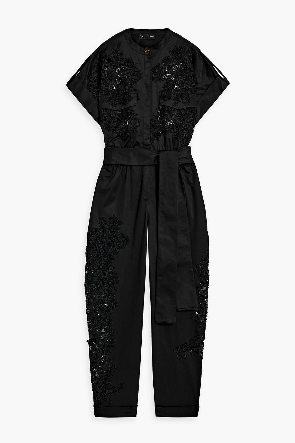 Guipure Lace-paneled Cotton-blend Twill Jumpsuit In Black Product Image