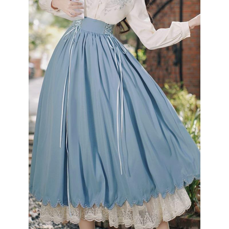 Traditional Chinese Long-Sleeve Shirt / High Waist Maxi Skirt / Set Product Image