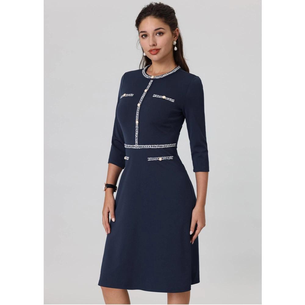 Hobemty Women's Elegant Office 3/4 Sleeve Tweed Trim Round Neck A-Line Dress Navy Blue Large Product Image