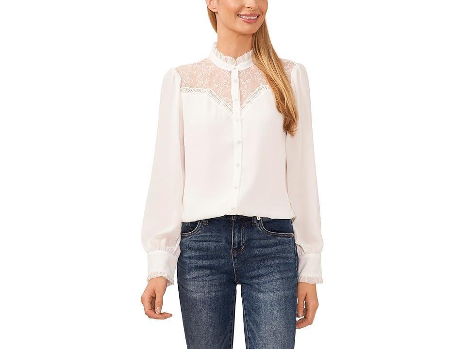 CeCe Long Sleeve Lace V-Yoke Button-Down Blouse (New Ivory) Women's Clothing product image