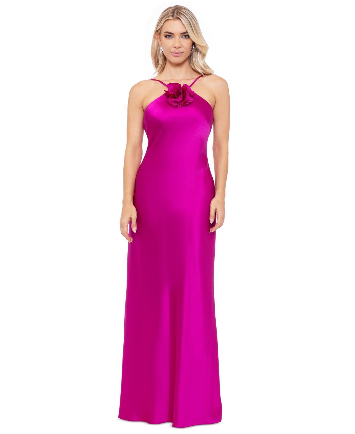 Women's Flower-Trim Sleeveless Satin Gown Product Image