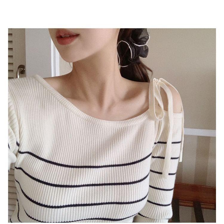 Long Sleeve Off Shoulder Bow Detail Striped Knit Top Product Image