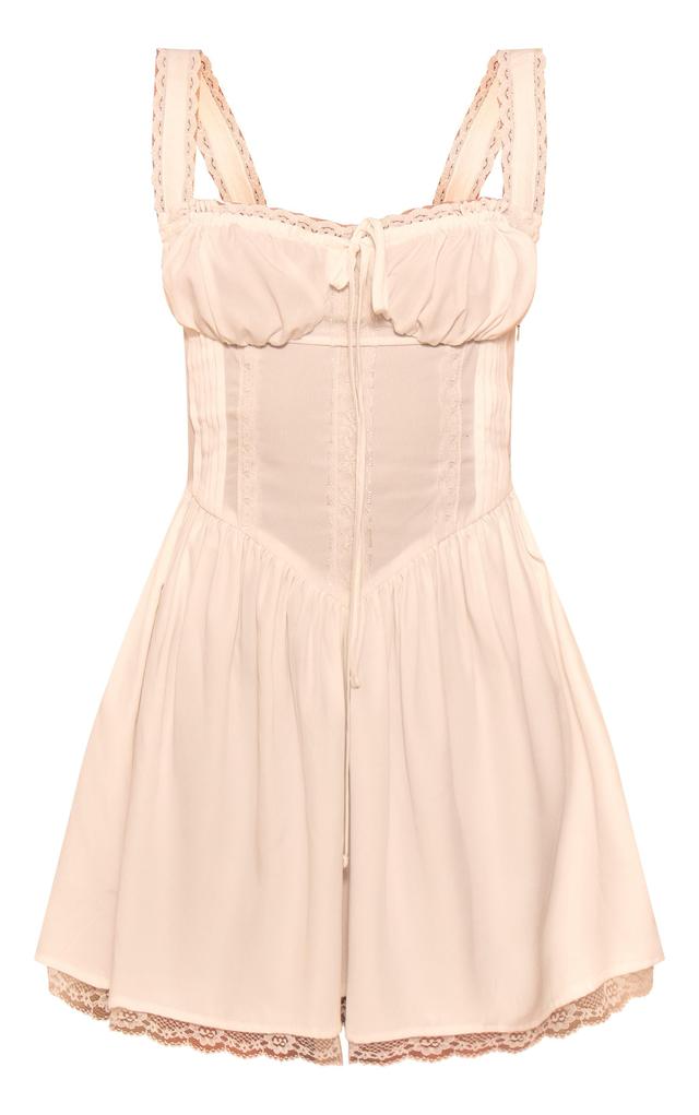 White Woven Ruched Corset Detail Frill Hem Mini Dress Product Image