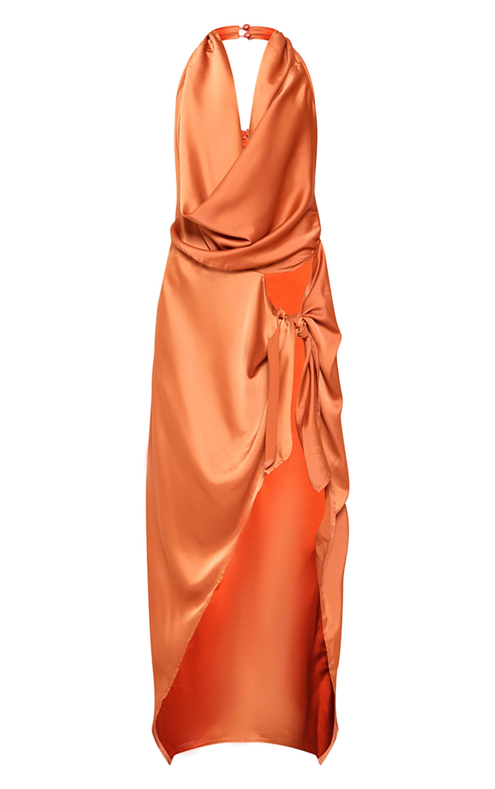 Burnt Orange Satin Extreme Cowl Ruched Front Maxi Dress Product Image