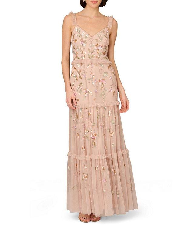 Aidan Mattox Floral Beaded Mesh V-Neck Sleeveless Ruffle Trim Tiered Gown Product Image