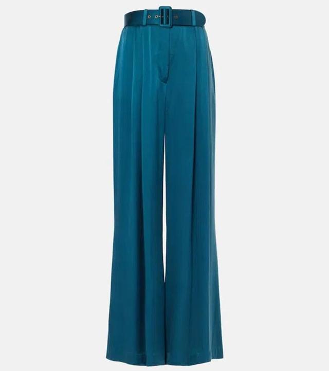 Pleated Silk Wide-leg Pants In Blue Product Image