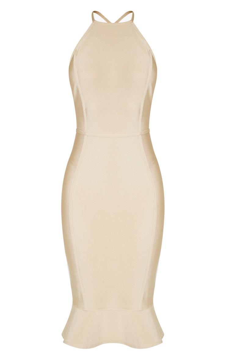 Champagne Bandage Cross Strap Open Back Frill Hem Midi Dress Product Image