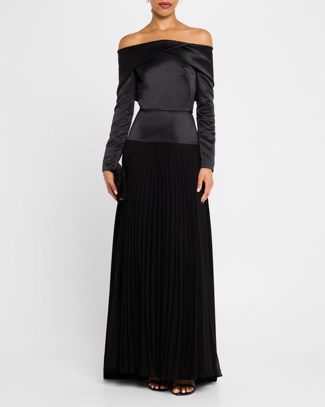 Honor Pleated Off-Shoulder Chiffon & Satin Gown Product Image